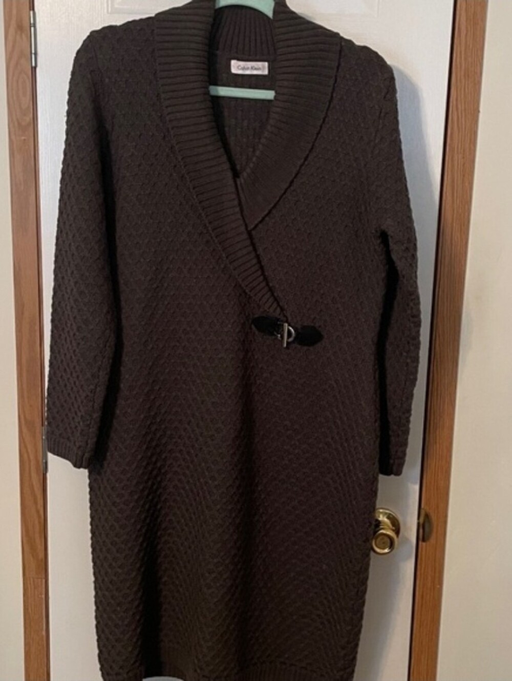 Calvin Klein Charcoal Gray Faux Wrap Sweater Dress Diamond Weave Knit Size L/XL - Picture 4 of 12